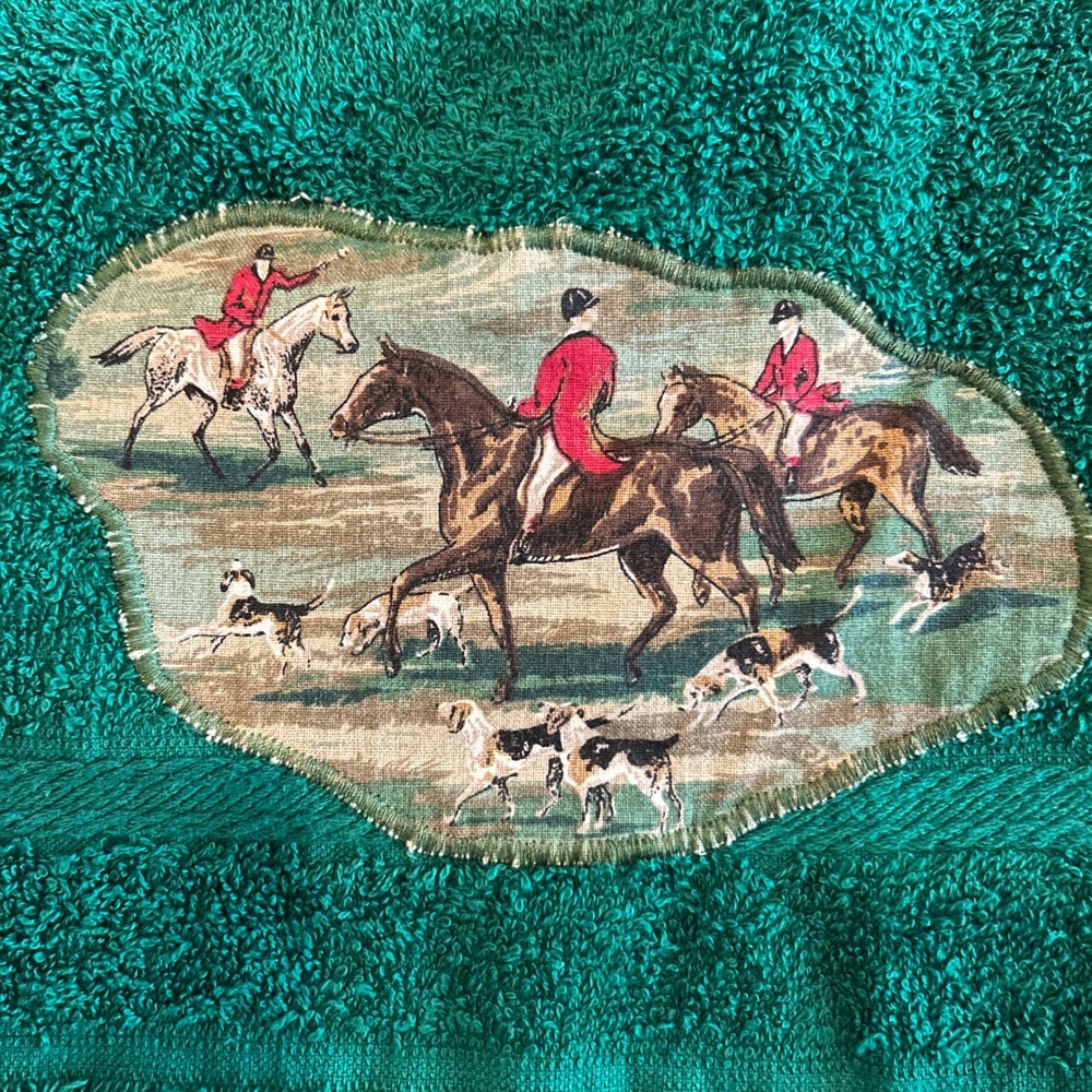Vintage Green Fox Hunt Equestrian Handmade BIB Horse Hounds Tapestry Patch Decor